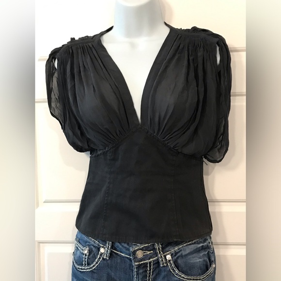 FRENCH CONNECTION grey avant-gard top w/side zip & button closure Sz. 2 - Picture 2 of 9